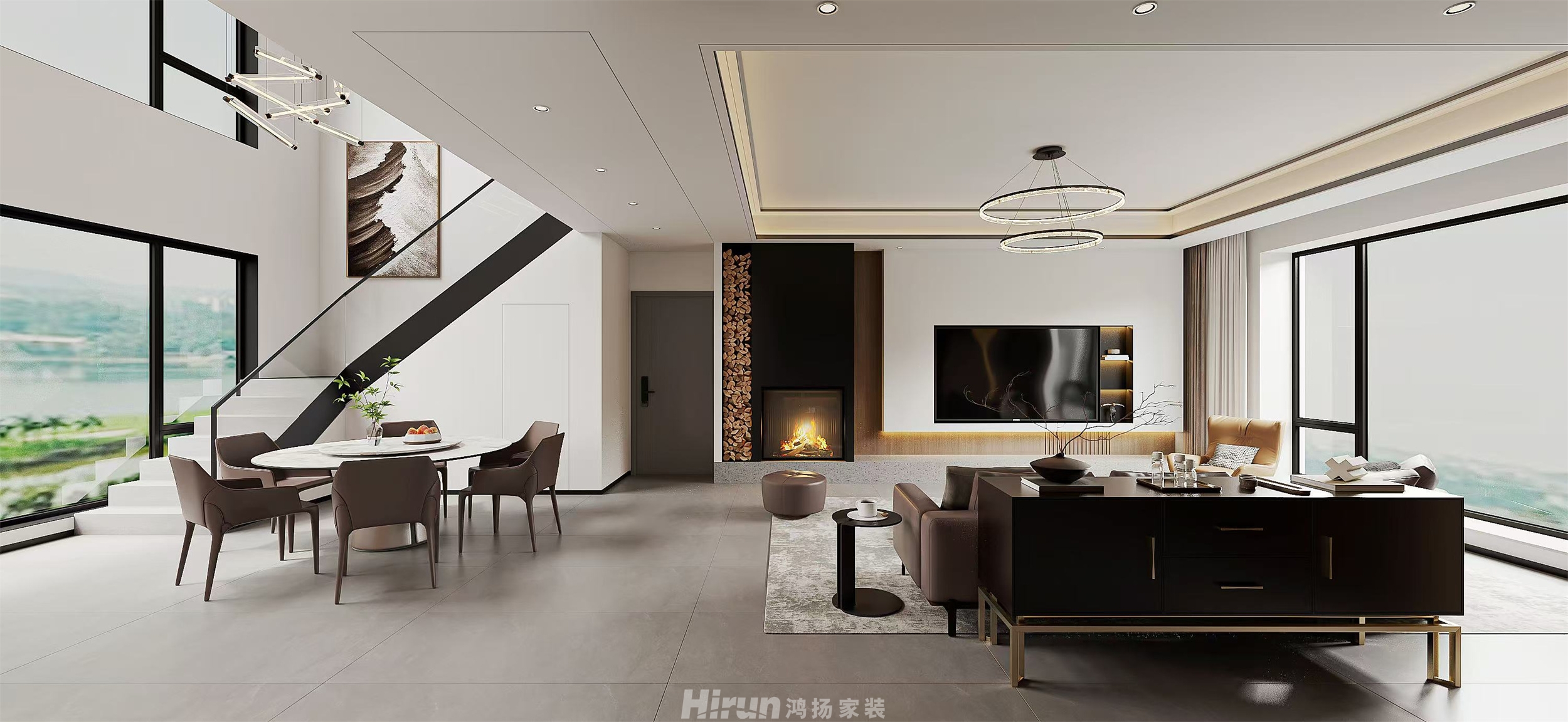 會同自建別墅300㎡雅致現(xiàn)代別墅 裝修案例效果圖-2